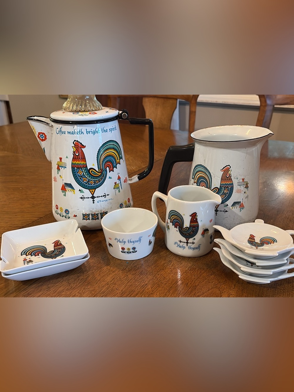 Vintage Rooster Ceramic coffee Set - White with Multicolor Rooster